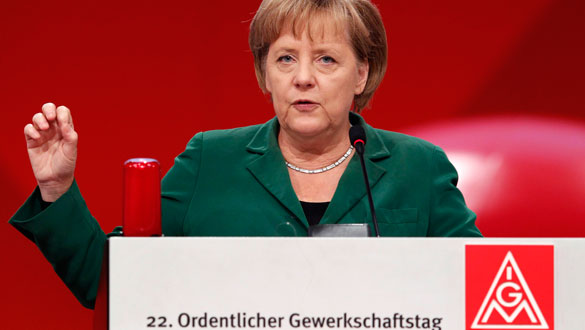 German Chancellor Merkel delivers a speech at the metal worker union IG Metall congress in Karlsruhe