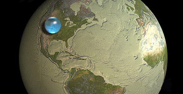 La ilustración contrasta con el tamaño real y la masa de la esfera de agua líquida en comparación con la Tierra