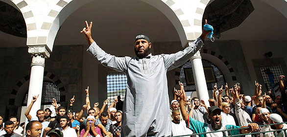 Protesters shout slogans during a demonstration at the al-Fatah mosque in Tunis Protesters shout slogans during a demonstration at the al-Fatah mosque in Tunis