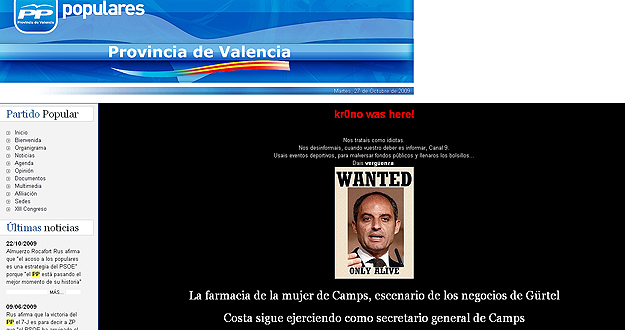 Un hacker boicotea la web del PP de Valencia para pedir la dimisi&oacute;n de Camps por el caso G&uuml;rtel.