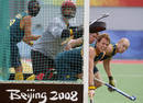 Australia players get ready to defend a penalty corner during their mens pool MB hockey match against South Africa at the Beijing 2008 Olympic Games