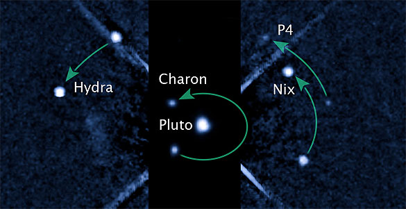 Imagen capturada por el Hubble donde se observa Plut&oacute;n y sus sat&eacute;lites.