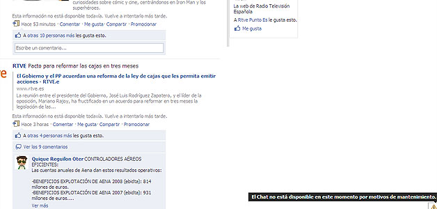 Imagen de Facebook con el mensaje que anuncia que el chat est&aacute; deshabilitado.