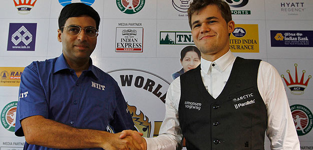 Anand y Carlsen, en la presentación del Mundial.