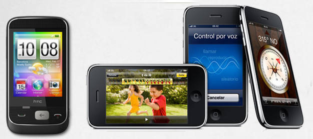 El m&oacute;vil HTC con Android y el iPhone de Apple
