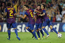 De izquierda a derecha: Alves, Xavi, Messi y Pedro, celebrando el gol de &eacute;ste &uacute;ltimo que empataba el partido ante el Milan