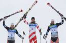 Norways Jansrud, Switzerlands gold medalist Janka and Norways Svindal celebrate during the flowers ceremony of the mens alpine skiing giant slalom event at the Vancouver 2010 Winter Olympics in Whistler