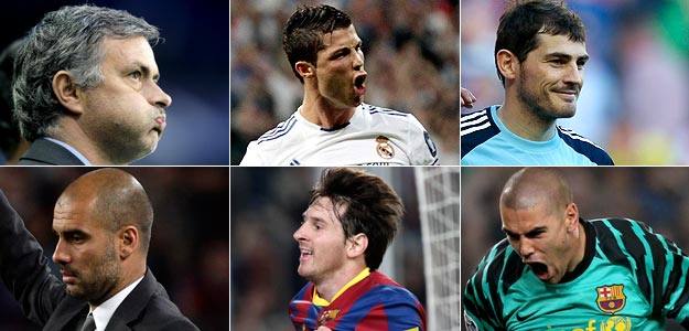 Jose Mourinho, Cristiano Ronaldo, Iker Casillas, Pep Guardiola, Leo Messi y Víctor Valdés. Entrenador, delantero y portero de Real Madrid y Barcelona, respectivamente, vivirán duelos inolvidables en el mes de los clásicos. Jose Mourinho, Cristiano Ronaldo, Iker Casillas, Pep Guardiola, Leo Messi y Víctor Valdés. Entrenador, delantero y portero de Real Madrid y Barcelona, respectivamente, vivirán duelos inolvidables en el mes de los clásicos.