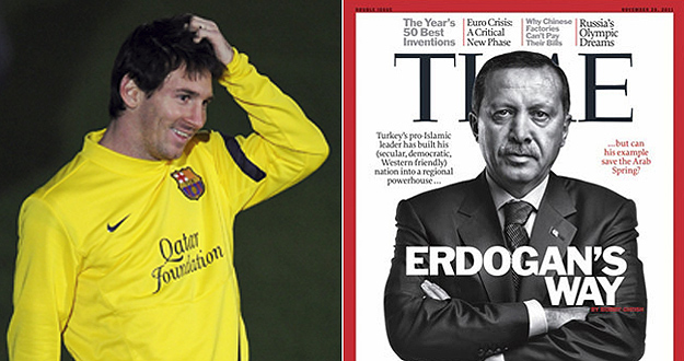 El jugador argentino del FC Barcelona, Lionel Messi, y la portada de la revista Times con Erdogan en la portada. El jugador argentino del FC Barcelona, Lionel Messi, y la portada de la revista Times con Erdogan en la portada.