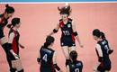 Las jugadoras japonesas celebran la victoria ante Rep&uacute;blica Dominicana durante el partido del Grupo A de volley femenino.