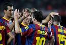 Los jugadores del Bar&ccedil;a celebrando el tercer gol de Leo Messi.