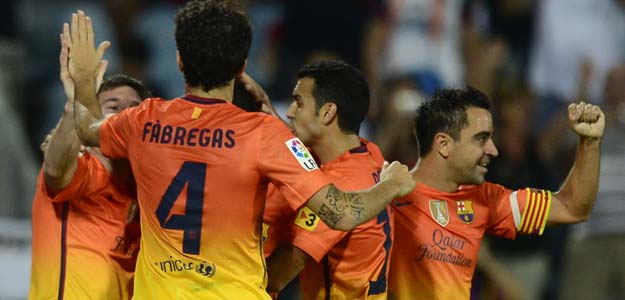 Los jugadores del Barcelona celebran uno de sus cuatro goles ante el Getafe.
