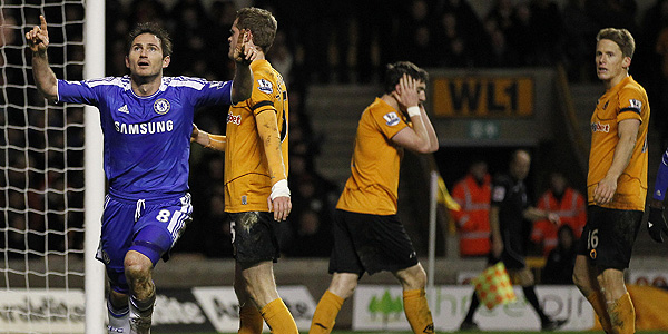 Lampard celebra el gol de la victoria en casa del Wolverhampton Wanderers.