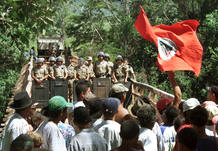 LANDLESS MOVEMENT FARMERS CONFRONT POLICE IN BRAZILIAN INTERIOR.