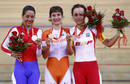 El podio de ciclismo en pista: la holandesa Marianne Vos es oro,la cubana Yoanka Gonzalez es plata y la espa&ntilde;ola Leire Olaberr&iacute;a, bronce.