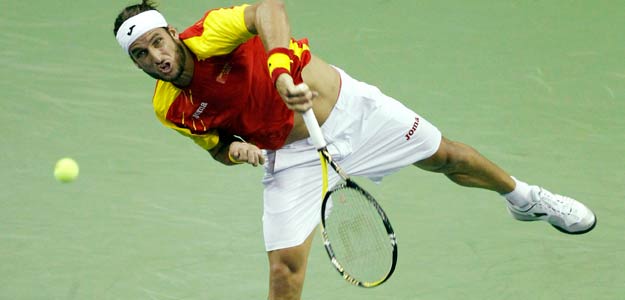 Lopez of Spain serves against Fish of the U.S. during their singles Davis Cup tennis match in Austin, Texas