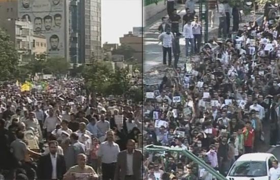 Los partidarios de Ahmadineyad y de Mousav&iacute; toman las calles de Teher&aacute;n en sendas manifestaciones