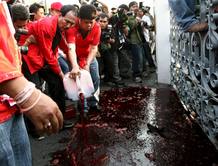 Un manifestante vierte una garrafa llena de sangre durante las manifestaci&oacute;n de este martes en Tailandia