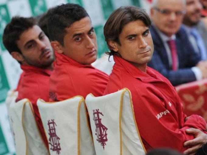 Marcel Granollers (i), Nico Almagro y David Ferrer, jugadores del equipo espa&ntilde;ol de tenis de Copa Davis