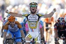 HTC-Columbias Mark Cavendish of Britain celebrates as he crosses the finish line to win the eleventh stage of the Tour de France cycling race between Sisteron and Bourg-les-Valence
