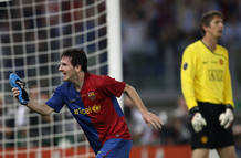 Messi celebra el gol de la sentencia en la final de Roma