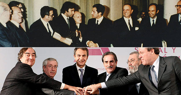Los Pactos de La Moncloa se firmaron el 25 de octubre de 1977 por todos los partidos políticos. La reforma de las pensiones se ha firmado el 2 de febrero de 2011 en el mismo lugar. Los Pactos de La Moncloa se firmaron el 25 de octubre de 1977 por todos los partidos políticos. La reforma de las pensiones se ha firmado el 2 de febrero de 2011 en el mismo lugar.