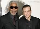 Actor Morgan Freeman poses with actor Matt Damon at the Los Angeles premiere of director Clint Eastwoods film 