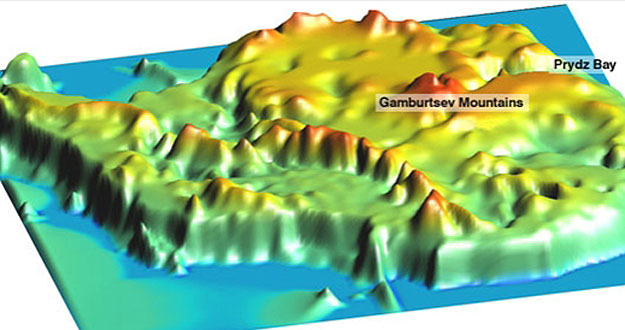 Imagen en tres dimensiones de la cordillera Gamburtsev, oculta bajo el hielo.