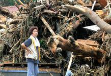 Una mujer observa casas arrasadas por un corrimiento de tierras en la isla de Izu Oshima, al sur de Tokio