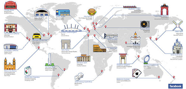 Facebook ha publicado una infograf&iacute;a con los 25 lugares de todo el mundo que m&aacute;s veces figuran en las actualizaciones de estado de la red social