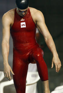 Munoz Perez of Spain, world record champion, prepares to start in the men's 50 meters butterfly event during the French Swimming Championships in Montpellier