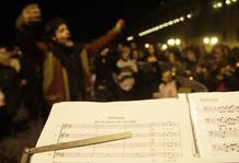 A music sheet " Hallelujah for the govern breakdown" is seen in front of Presidential palace in Rome