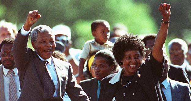 Black nationalist leader Nelson Mandela and his wife Winnie salute well-wishers as he leaves Victor .. Black nationalist leader Nelson Mandela and his wife Winnie salute well-wishers as he leaves Victor ..