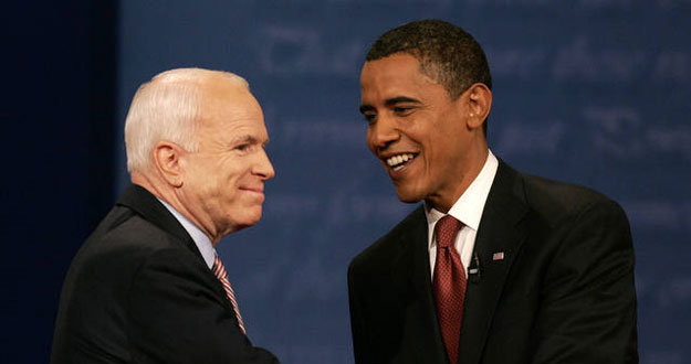 Senator John McCain and Senator Barack Obama shake hands at start of first U.S. Presidential Debate in Oxford, Mississippi