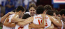 Pau Gasol of Spain and teammates celebrate victory against Greece in mens basketball game at Beijing 2008 Olympic Games