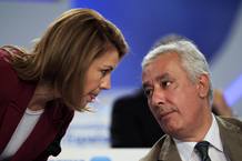 People's Party (Partido Popular) Secretary General Maria Dolores de Cospedal and Andalusian party President Javier Arenas chat during the People's Party (Partido Popular) national congress in Seville
