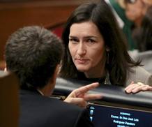 La ministra de Cultura, Angeles Gonz&aacute;lez Sinde, conversa con el presidente del Gobierno, Jos&eacute; Luis Rodr&iacute;guez Zapatero, durante el pleno del Congreso