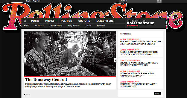 Portada de la página web de Rolling Stone con la exclusiva y polémica entrevista al general Mc Chrystal. Portada de la página web de Rolling Stone con la exclusiva y polémica entrevista al general Mc Chrystal.
