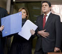 Spains main opposition Popular Partys spokesman for judicial affairs Trillo and PPs parliament leader Saenz de Santamaria stand outside Spains High Court in Madrid