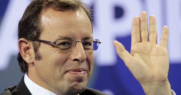 Barcelona's President Sandro Rosell attends a news conference at the Sports Congress and Exhibition at Aspire Dome in Doha