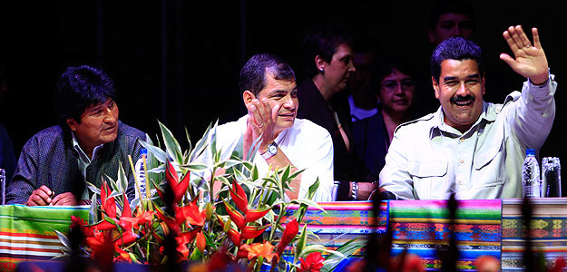 Los presidentes Nicolás Maduro, de Venezuela; Evo Morales, de Bolivia, y Rafael Correa, de Ecuador.