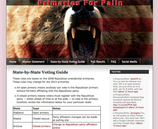 En web de "apoyo a Palin" de momento se est&aacute; explicando en qu&eacute; consiste la acci&oacute;n y facilitando a la gente, estado por estado, la informaci&oacute;n y documentaci&oacute;n necesaria para votar en las primarias.