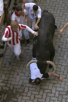 Un mozo cae ante uno de los toros de la ganadería toledana de Alcurrucén.