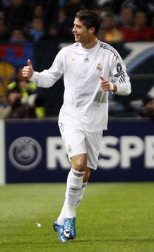 Real Madrid's Ronaldo reacts after scoring against Olympique Marseille during their Champions League soccer match in Marseille