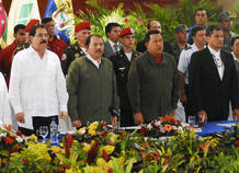 Honduras' President Zelanya, Nicaragua's President Ortega, Venezuela's President Chavez, and Ecuador's President Correa stand at the end of a meeting in Managua Honduras' President Zelanya, Nicaragua's President Ortega, Venezuela's President Chavez, and Ecuador's President Correa stand at the end of a meeting in Managua