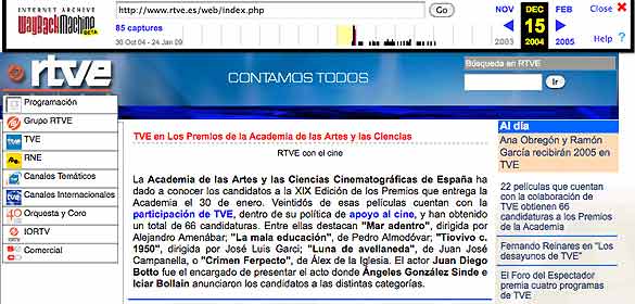 Una de las im&aacute;genes recopiladas en Wayback Machine de RTVE.es en 2004.