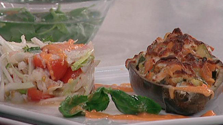 Berenjenas rellenas y ensalada de bacalao y albahaca (09/02/2012)