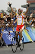 Samuel Sanchez of Spain celebrates winning mens road race cycling competition at Beijing 2008 Olympic Games
