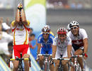 Samuel Sanchez of Spain celebrates winning the mens road race cycling competition at the Beijing 2008 Olympic Games