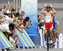 Samuel Sanchez of Spain celebrates winning mens road race cycling competition at Beijing 2008 Olympic Games